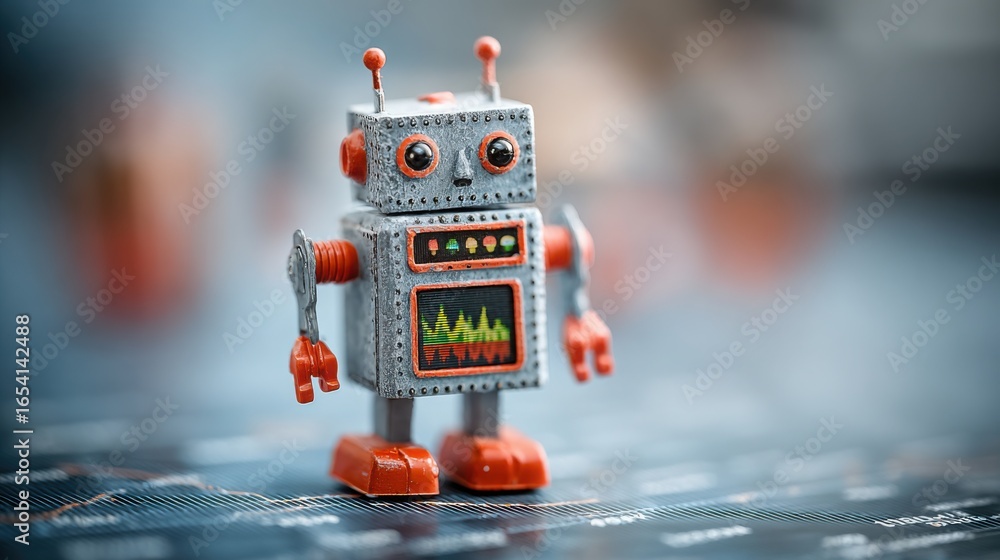 Poster sleek autonomous market analyst robot figure on table displaying advanced technology and innovative 