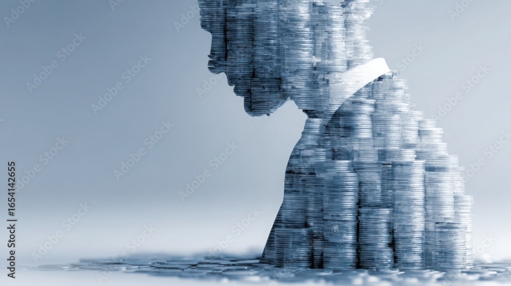 Poster unique representation of a man created from stacks of coins symbolizing wealth management and financ