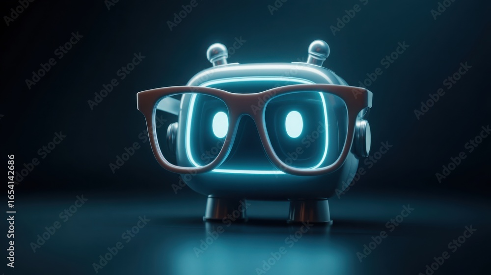 Poster stylish robot with glasses depicting an autonomous wealth manager concept with a clean user-friendly