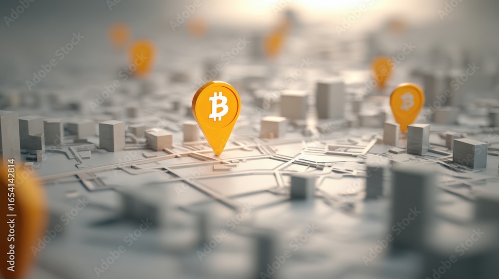 Poster digital map highlighting bitcoin merchant location with a pin indicating business opportunities in t