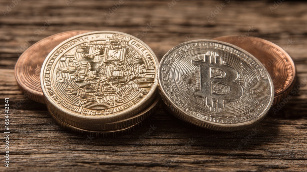Poster two coins resting on a wooden surface representing bitcoin transactions and payment gateways in the 