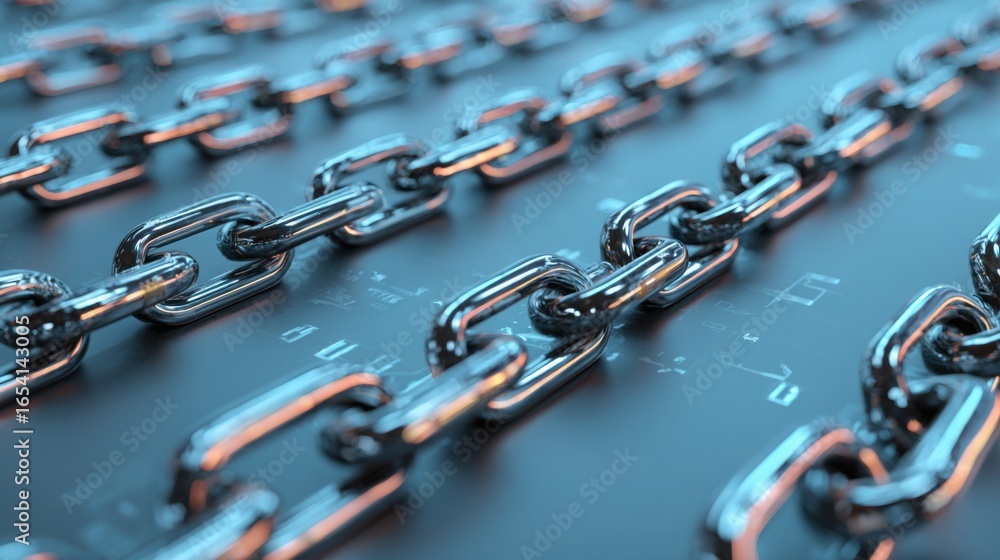Poster collection of chains representing the concept of blockchain technology in modern financial systems a