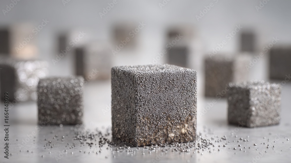 Poster group of cubes surrounded by small crystals symbolizing blockchain technology and its role in financ