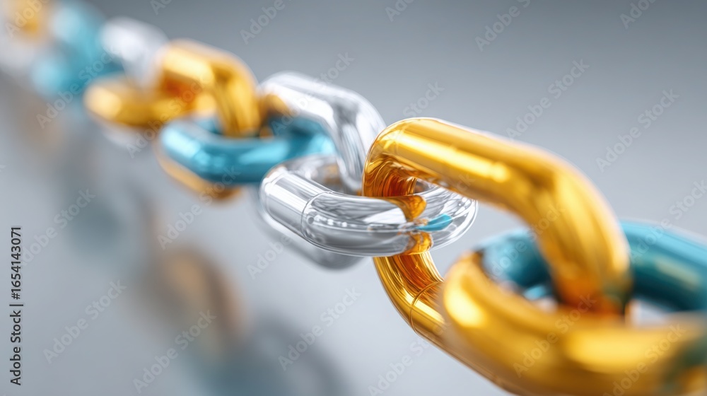 Poster interlinked chain featuring a prominent gold link symbolizing connection and strength in blockchain 