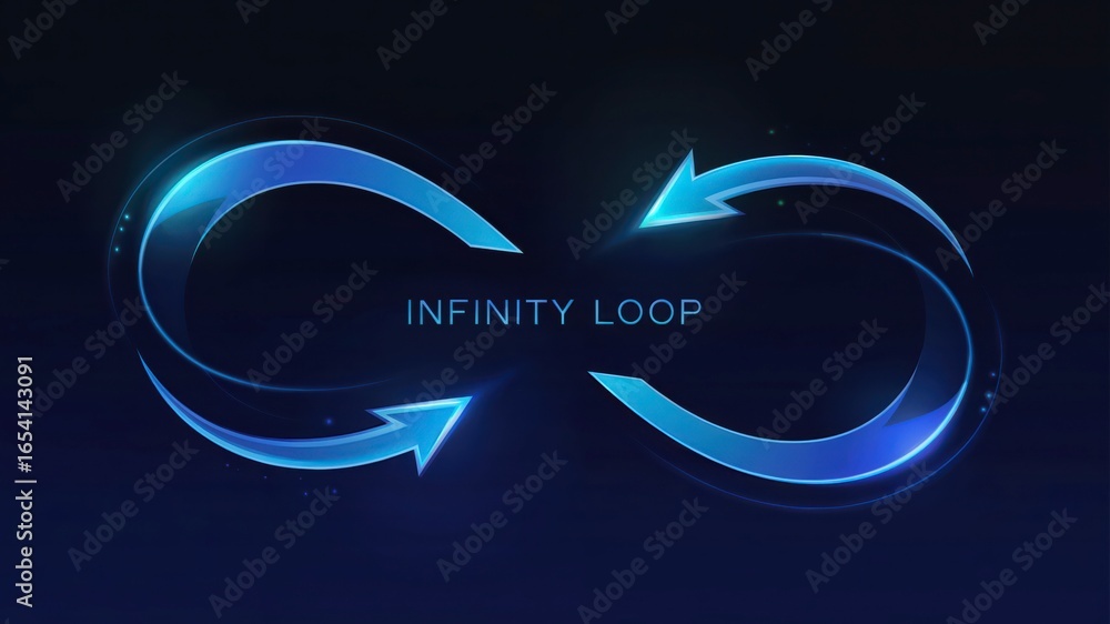 Poster a glowing, blue digital infinity loop with arrows, representing a continuous process, endless cycle,