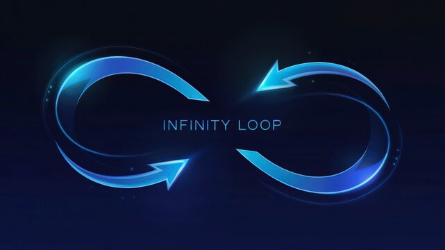A glowing, blue digital infinity loop with arrows, representing a continuous process, endless cycle, or the concept of perpetual growth and development in business and technology.
