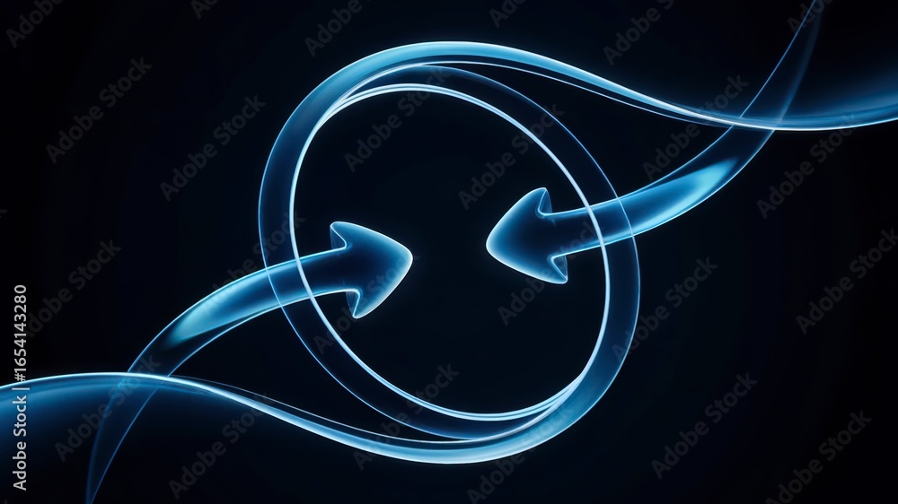 Aufkleber a futuristic 3d rendered graphic of two illuminated arrows forming a loop on a dark background, idea
