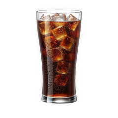Clear Glass of Cold Cola with Ice Cubes and Bubbles Isolated on White