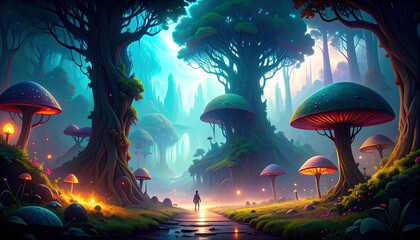 A vibrant fantasy forest path, lined with giant mushrooms and luminous trees, leads into a mysterious, colorful landscape.