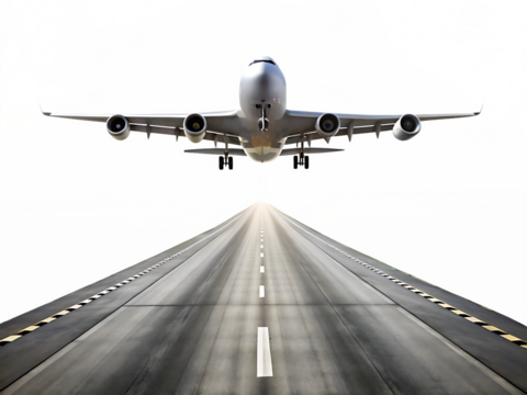 Long runway with a large airplane taking off
isolated on white background
,PNG.AI Generated.