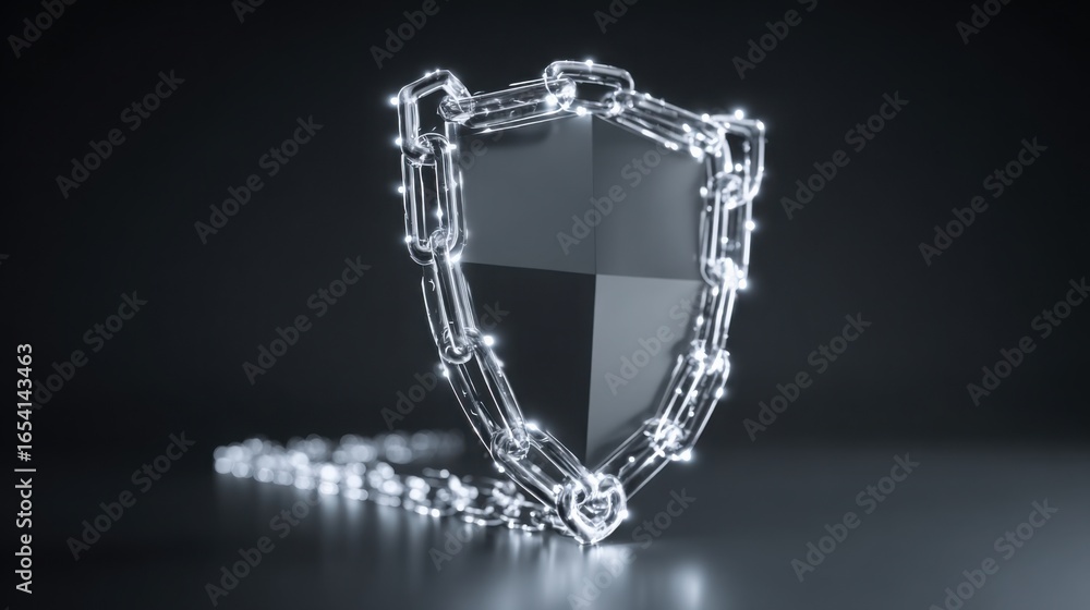 Poster a shiny shield encircled by a chain symbolizing security and protection in financial transactions wi