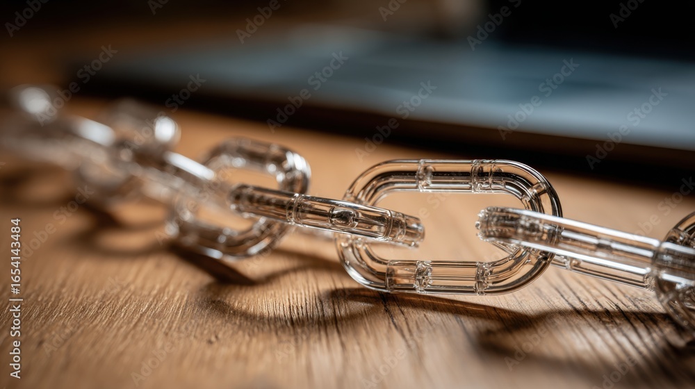 Poster a chain placed on a table representing blockchain technology in a secure and visual context for reve
