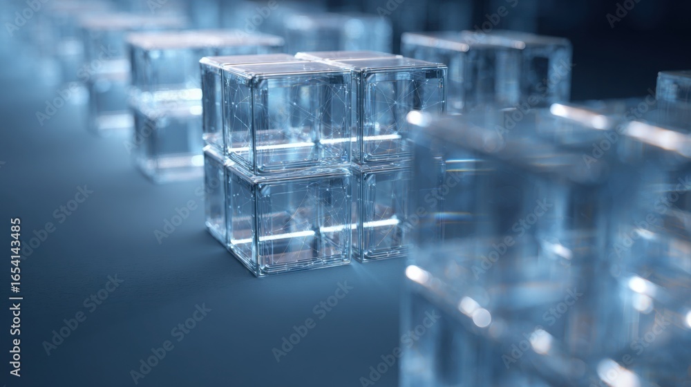 Poster a group of clear cubes forming a visual block structure representing blockchain technology and data 