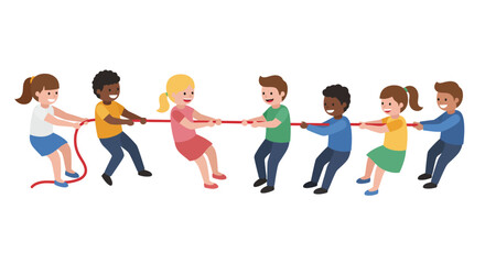 Obraz premium A group of seven cartoon children are pulling on a red rope in a tugofwar game