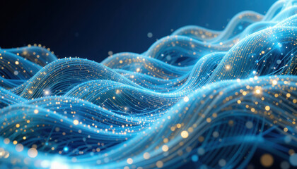 Dynamic digital wave pattern with glowing blue and gold particles creates futuristic and energetic atmosphere. abstract design suggests movement and technology, evoking sense of innovation