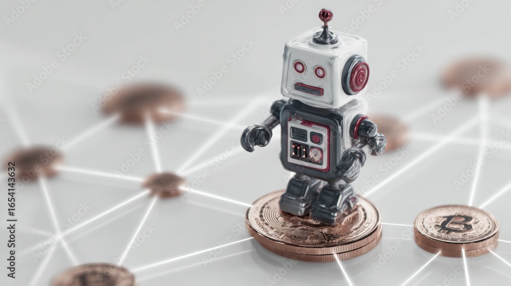 Poster a robot standing on a coin representing blockchain strategy and management in a conceptual technolog