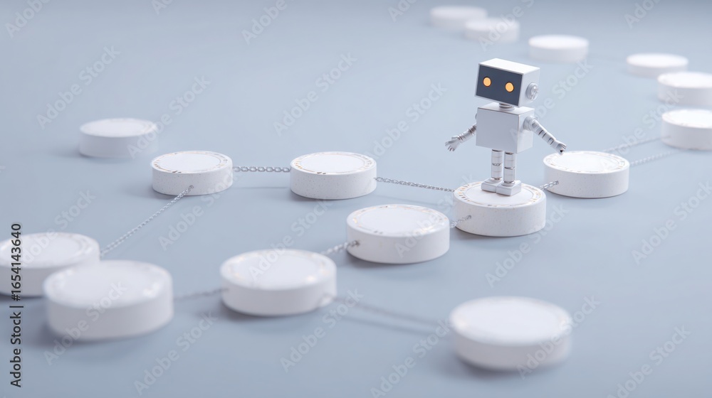 Poster a robot positioned on a chain symbolizing blockchain strategy and security management in a conceptua