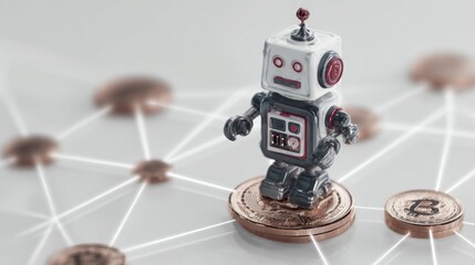 A robot standing on a coin representing blockchain strategy and management in a conceptual technological context