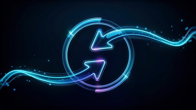 A futuristic 3D rendered graphic of two illuminated arrows forming a loop on a dark background, ideal for presentations on technology, business strategies, and continuous improvement.