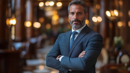 Fototapeta premium Confident Businessman Posing in Elegant Lobby with Bokeh Effect