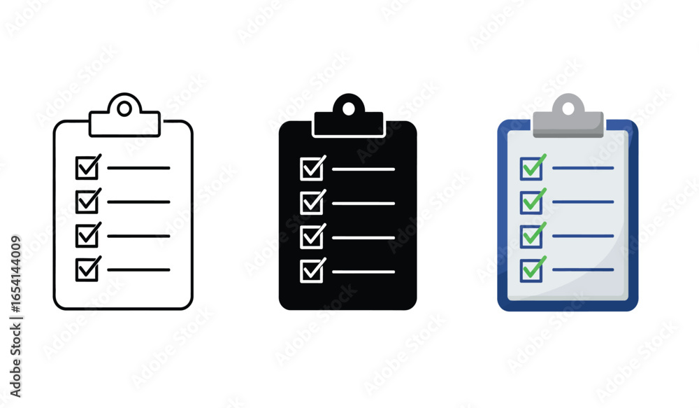 Poster checklist icon set in three styles outline solid and color representing tasks planning and organizat