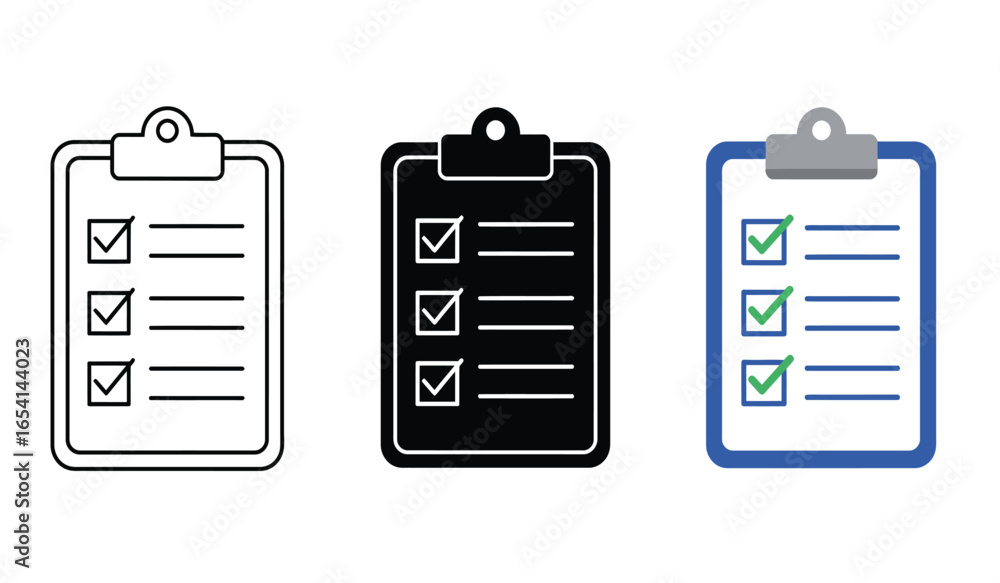 Poster checklist icons in three styles outline solid black and color representing task completion to do lis