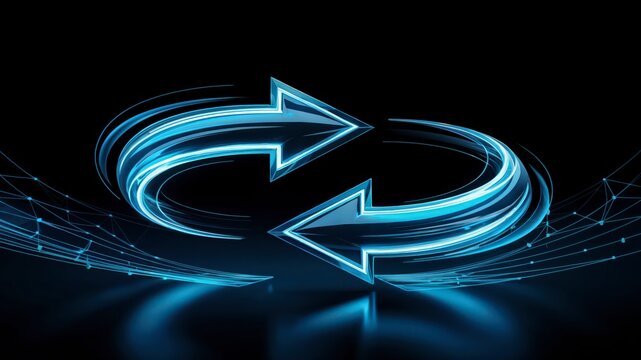 A glowing, blue digital loop with two arrows in a circular motion, representing the concepts of data transfer, synchronization, and a continuous cyclical process.
