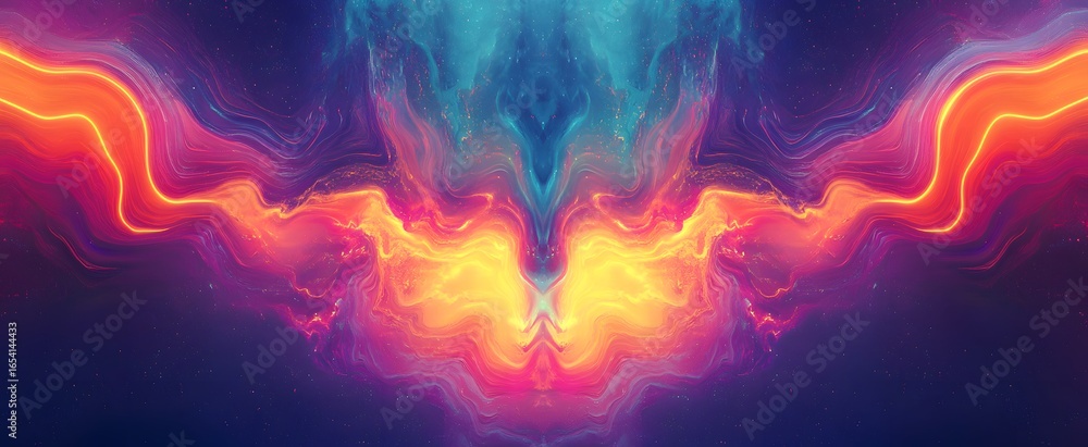 Poster a vibrant, symmetrical abstract design features swirling, flowing lines of vibrant colors, creating 