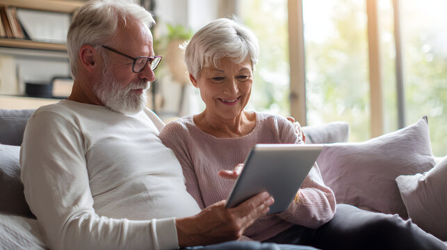 Senior couple enjoy browsing on a tablet, sitting closely together on the sofa in front of a bright window with natural light. 
