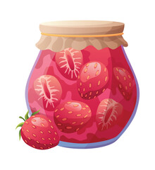 Jam jar with strawberry. Homemade berries and fruit jam, natural organic product. Breakfast food, sweet fruit dessert vector illustration. Winter pot on white background