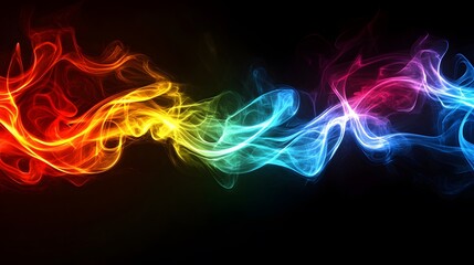 Fototapeta premium Vivid, flowing rainbow smoke patterns create a dynamic and energetic abstract design against a dark backdrop.