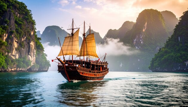 Sailing junk boat in Halong Bay with Vietnam with mountain view.