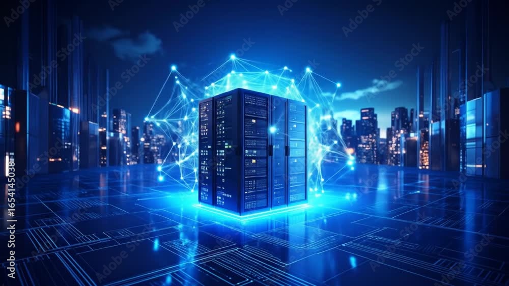 Poster futuristic data center in cyber city: high-tech servers and network connectivity visualization