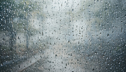 Close up of raindrops on a window pane with blurred background showing a rainy day atmosphere outside