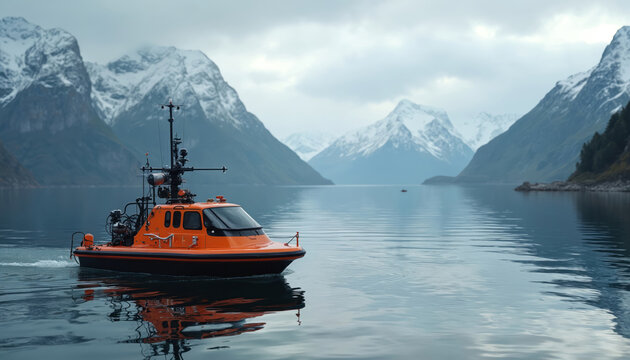 Orange unmanned surface vehicle with sonar equipment navigates calm water between snow-capped mountains. Remote maritime survey vessel monitors coastal areas, performs underwater structure mapping,
