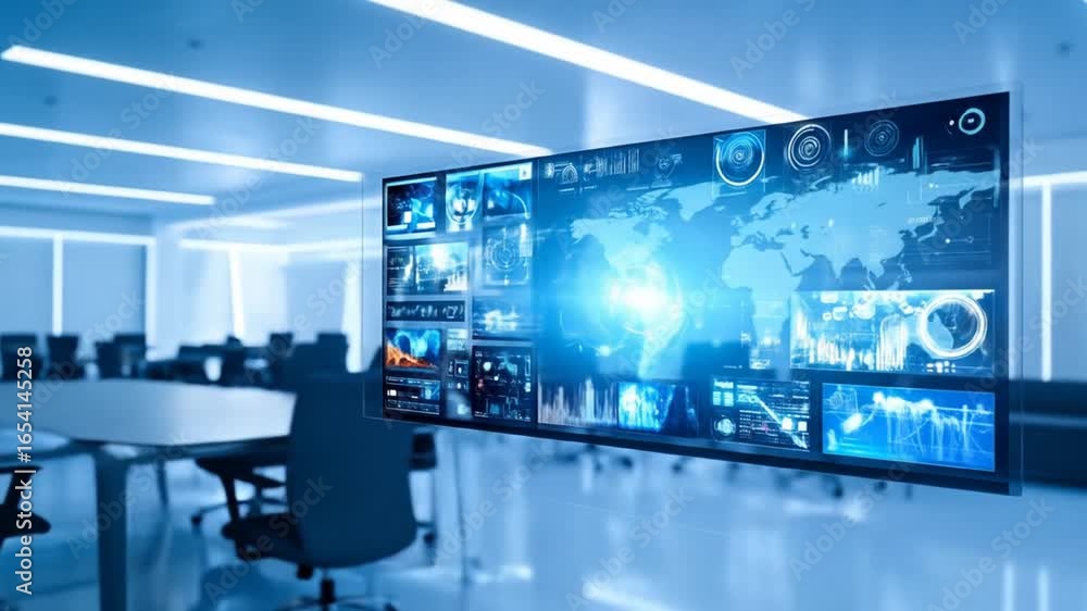 Aufkleber futuristic conference room with data visualization on a large floating display for business analysis