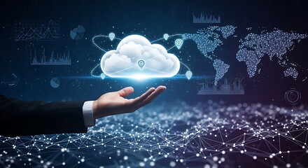 Hand holding a glowing cloud with various data icons, representing cloud computing and digital storage.

