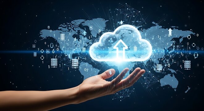 Hand holding a glowing cloud with various data icons, representing cloud computing and digital storage.

