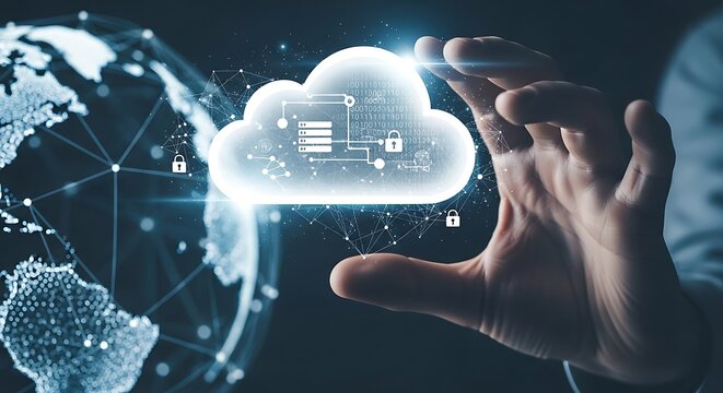 Hand holding a glowing cloud with various data icons, representing cloud computing and digital storage.

 - Powered by Adobe