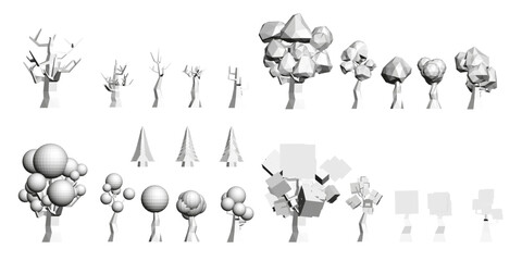 Low poly trees in black and white arranged symmetrically, featuring various shapes and sizes. The polygonal design creates a clean, modern aesthetic with geometric precision.