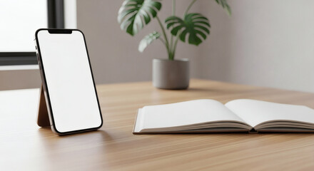 A modern smartphone mockup with a blank screen sits on a wooden desk next to an open notebook and a potted plant.