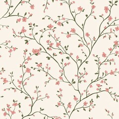 Tiny pink cherry blossoms seamless pattern. Вуdigital paper thin green vines on ivory backdrop. Floral wallpaper, botanical background
