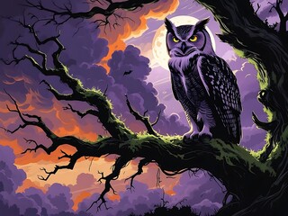 Fototapeta premium Majestic great horned owl perched on a moonlit tree branch