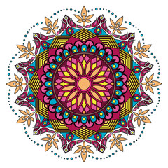 Colorful mandala vector illustration with geometric floral patterns. Symmetrical decorative ornament in vibrant shades of pink, yellow, turquoise, and orange. Perfect for meditation, yoga, boho