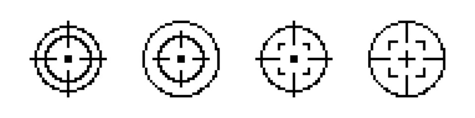 Aim pixel icons set. Focus target symbol collection. Pixel art.