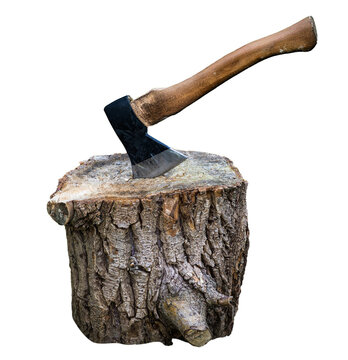 A metal axe stuck in a wooden stump, isolated on white background. Perfect for themes like lumberjack, woodworking, firewood, forestry, camping, survival tools, and manual labor.