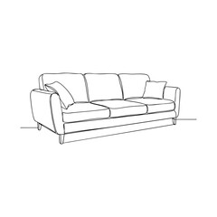 Vector line art sketch of a modern sofa with pillows, minimal continuous line drawing for furniture and interior design concepts