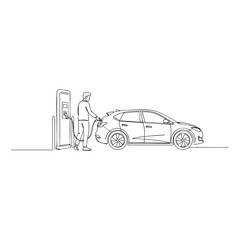 Vector line art illustration of a man charging an electric vehicle at a modern charging station, minimalist continuous line drawing symbolizing green energy, eco-friendly transport and sustainability