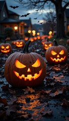 Obraz premium Spooky Halloween Night with Jack O Lanterns pumpkin