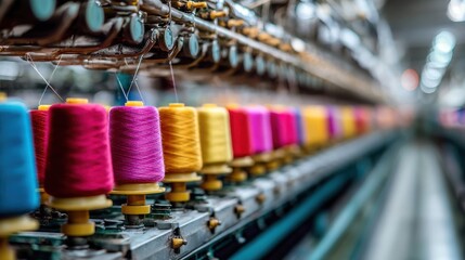 High definition photo of textile factory with spinning and embroidery machines creating colorful threads and fabrics.